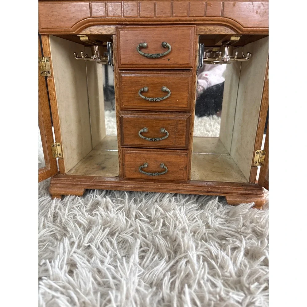 Vintage Wooden Jewelry Box Armoire Etched Glass Doors 4 Drawers Mirror Chest‎